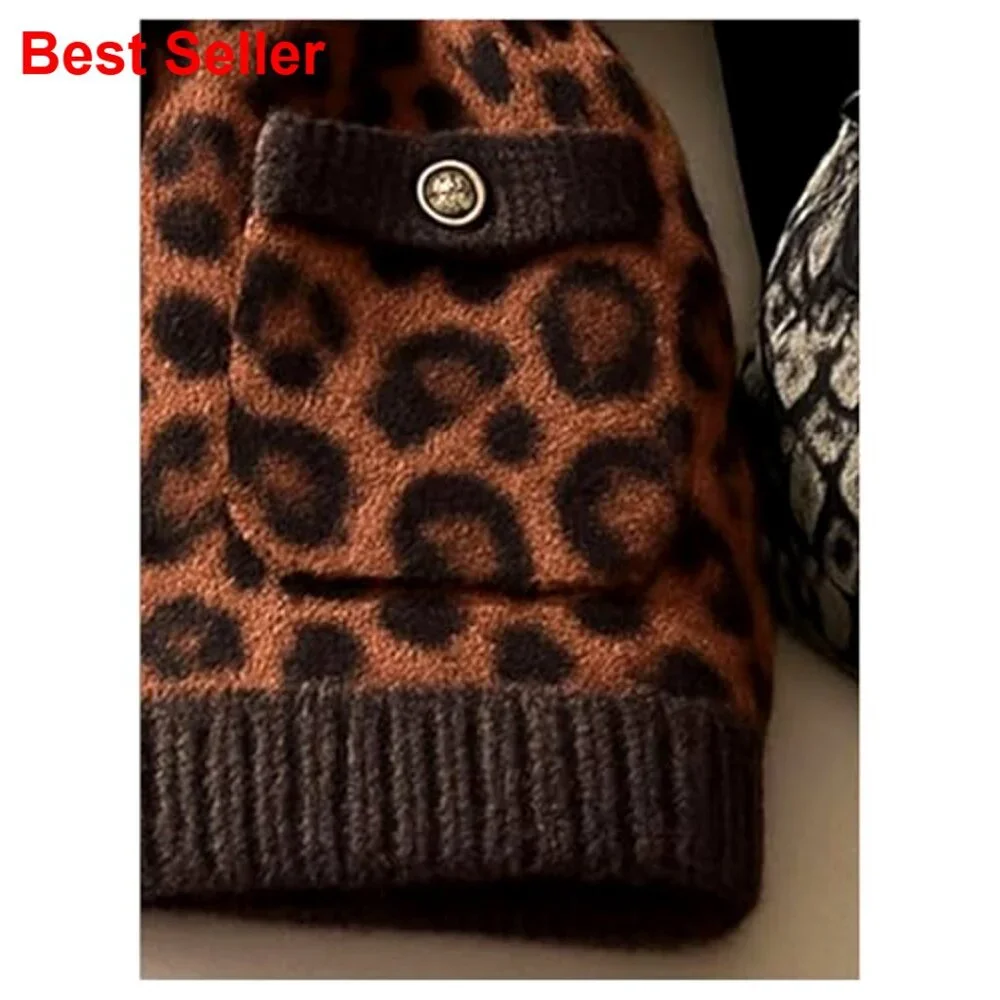 Sleeveless Leopard Print Cardigan, Button Front, Crew Neck, Knitted Fabric, - Picture 4 of 5